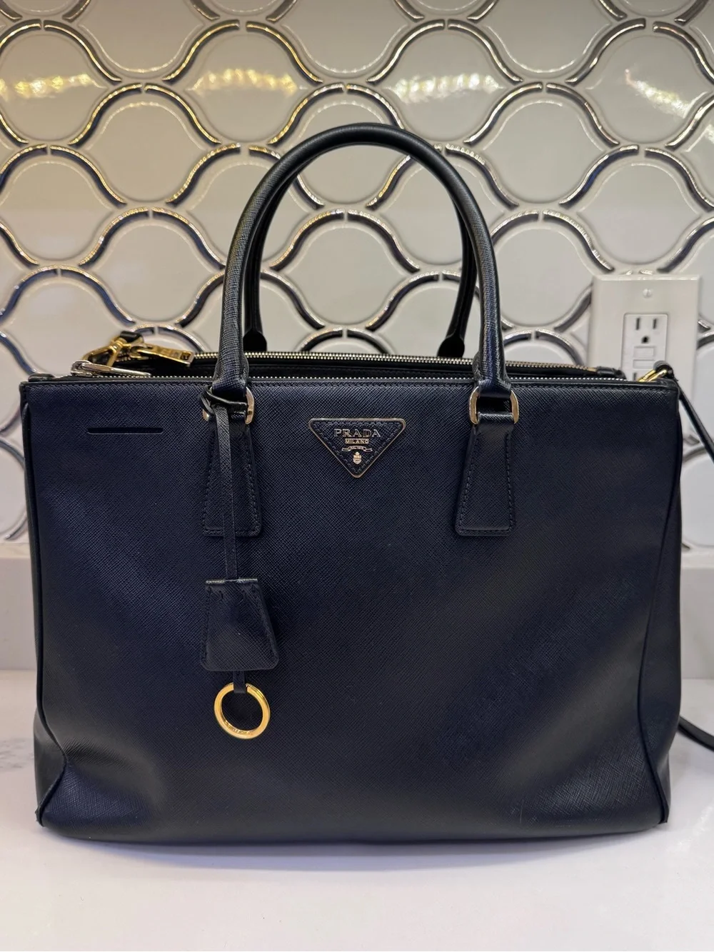 Authentic Prada Black Saffiano Leather Galleria Crossbody Bag with Gold Hardware